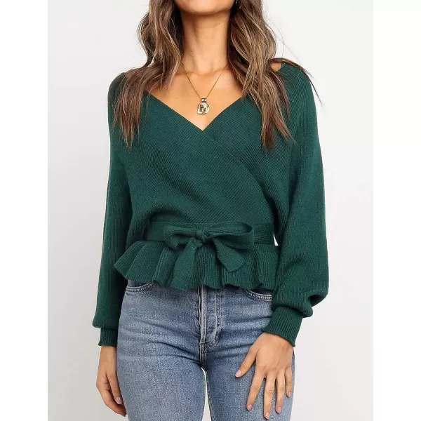 ZESICA Womens 2024 Fall Wrap V Neck Long Batwing Sleeve Belted Waist Ruffle Knitted Sweater Pullover TopGreen
