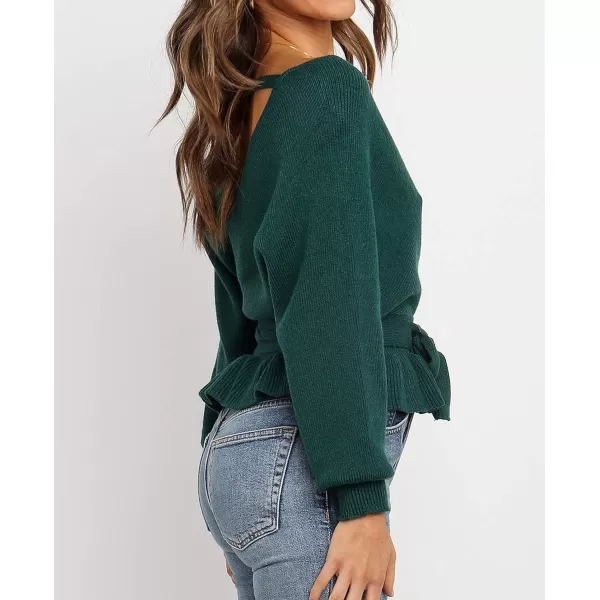 ZESICA Womens 2024 Fall Wrap V Neck Long Batwing Sleeve Belted Waist Ruffle Knitted Sweater Pullover TopGreen