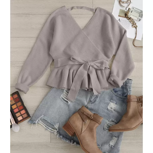 ZESICA Womens 2024 Fall Wrap V Neck Long Batwing Sleeve Belted Waist Ruffle Knitted Sweater Pullover TopGrey