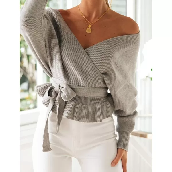 ZESICA Womens 2024 Fall Wrap V Neck Long Batwing Sleeve Belted Waist Ruffle Knitted Sweater Pullover TopGrey