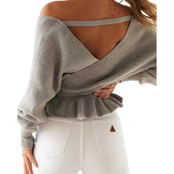 ZESICA Womens 2024 Fall Wrap V Neck Long Batwing Sleeve Belted Waist Ruffle Knitted Sweater Pullover TopGrey
