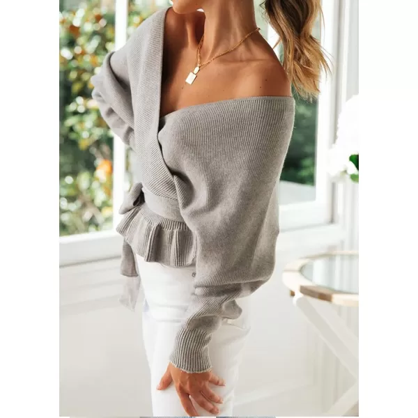 ZESICA Womens 2024 Fall Wrap V Neck Long Batwing Sleeve Belted Waist Ruffle Knitted Sweater Pullover TopGrey