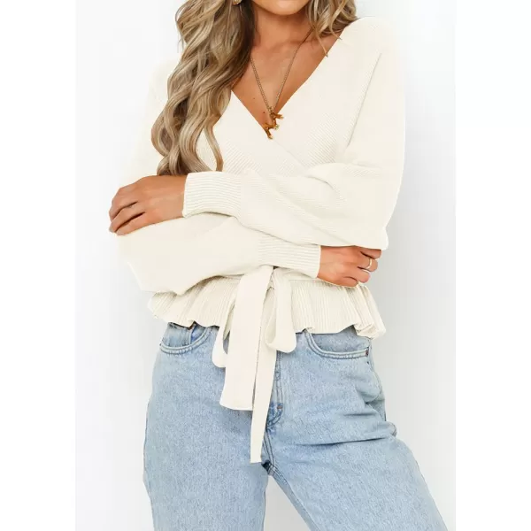 ZESICA Womens 2024 Fall Wrap V Neck Long Batwing Sleeve Belted Waist Ruffle Knitted Sweater Pullover TopIvory