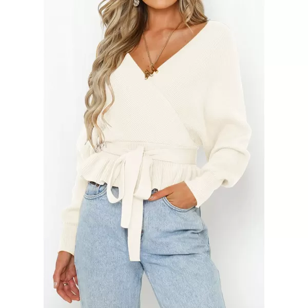 ZESICA Womens 2024 Fall Wrap V Neck Long Batwing Sleeve Belted Waist Ruffle Knitted Sweater Pullover TopIvory