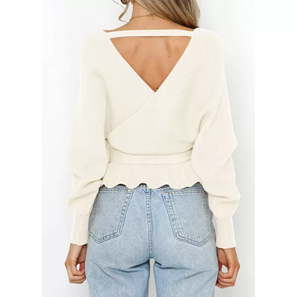 ZESICA Womens 2024 Fall Wrap V Neck Long Batwing Sleeve Belted Waist Ruffle Knitted Sweater Pullover TopIvory