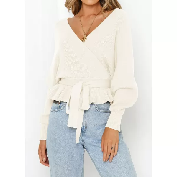 ZESICA Womens 2024 Fall Wrap V Neck Long Batwing Sleeve Belted Waist Ruffle Knitted Sweater Pullover TopIvory