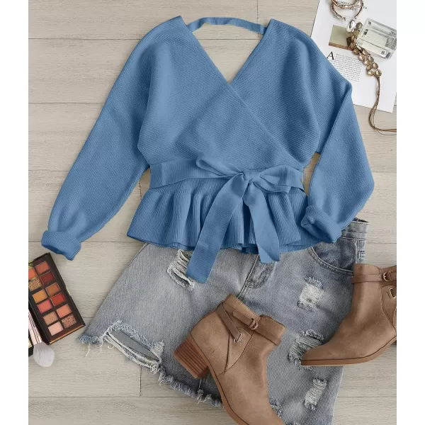 ZESICA Womens 2024 Fall Wrap V Neck Long Batwing Sleeve Belted Waist Ruffle Knitted Sweater Pullover TopMidnightblue