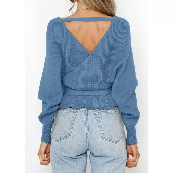 ZESICA Womens 2024 Fall Wrap V Neck Long Batwing Sleeve Belted Waist Ruffle Knitted Sweater Pullover TopMidnightblue