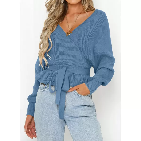 ZESICA Womens 2024 Fall Wrap V Neck Long Batwing Sleeve Belted Waist Ruffle Knitted Sweater Pullover TopMidnightblue
