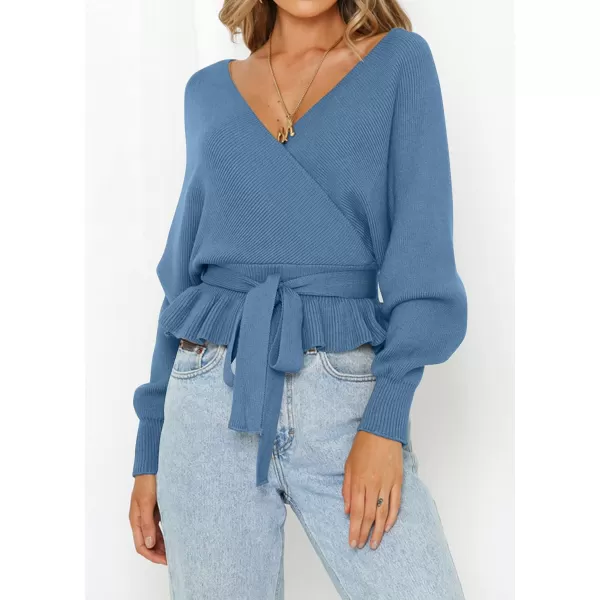ZESICA Womens 2024 Fall Wrap V Neck Long Batwing Sleeve Belted Waist Ruffle Knitted Sweater Pullover TopMidnightblue