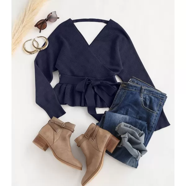 ZESICA Womens 2024 Fall Wrap V Neck Long Batwing Sleeve Belted Waist Ruffle Knitted Sweater Pullover TopNavy