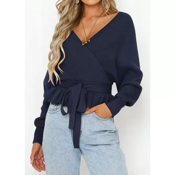 ZESICA Womens 2024 Fall Wrap V Neck Long Batwing Sleeve Belted Waist Ruffle Knitted Sweater Pullover TopNavy