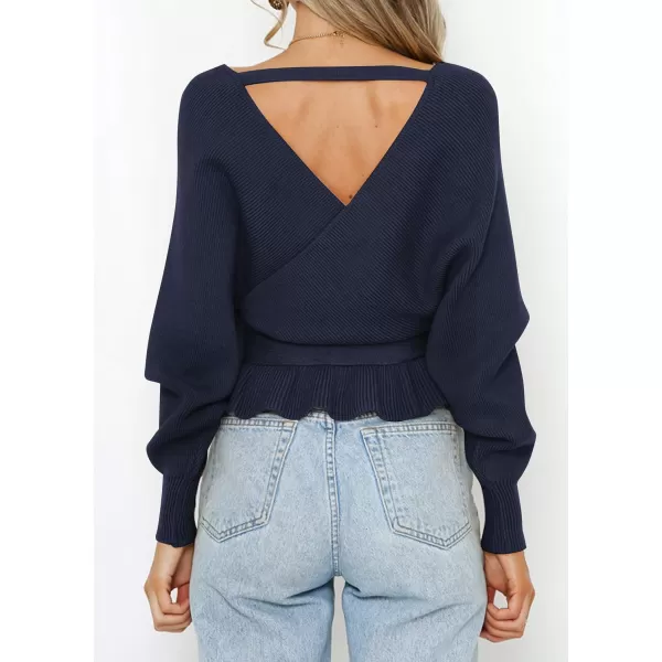 ZESICA Womens 2024 Fall Wrap V Neck Long Batwing Sleeve Belted Waist Ruffle Knitted Sweater Pullover TopNavy