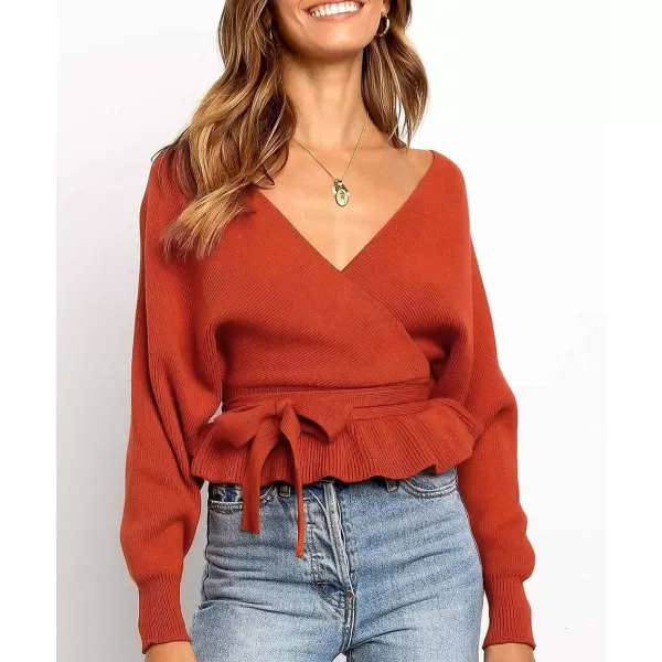 ZESICA Womens 2024 Fall Wrap V Neck Long Batwing Sleeve Belted Waist Ruffle Knitted Sweater Pullover TopOrange