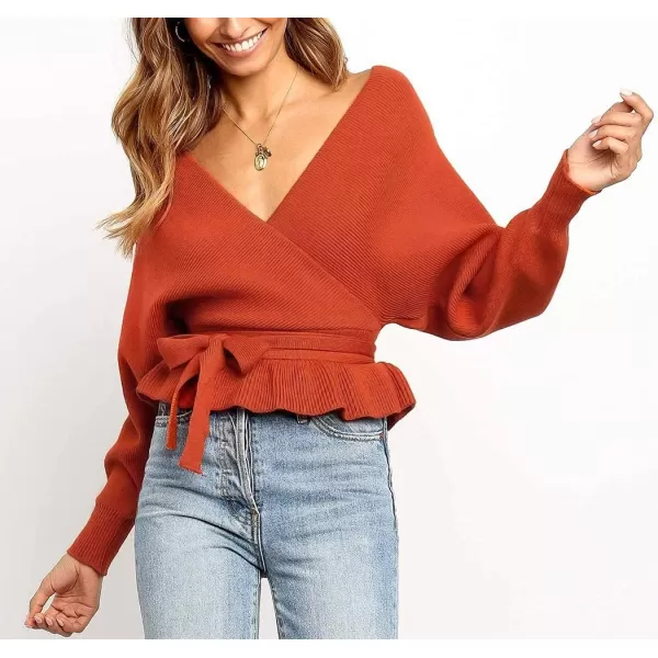 ZESICA Womens 2024 Fall Wrap V Neck Long Batwing Sleeve Belted Waist Ruffle Knitted Sweater Pullover TopOrange