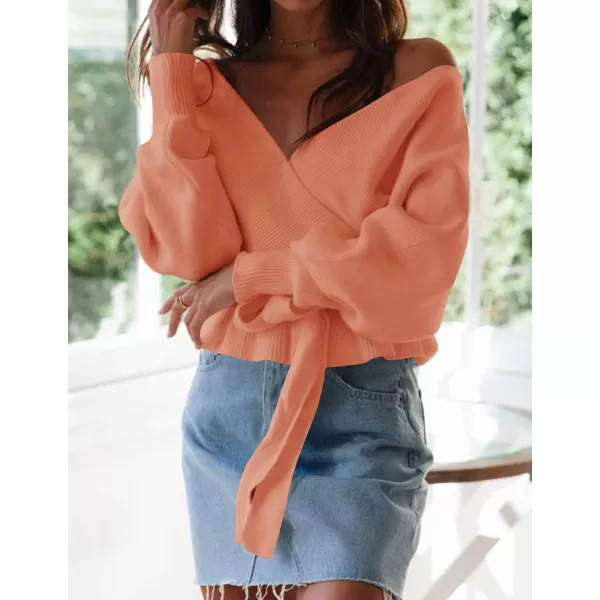 ZESICA Womens 2024 Fall Wrap V Neck Long Batwing Sleeve Belted Waist Ruffle Knitted Sweater Pullover TopPeach