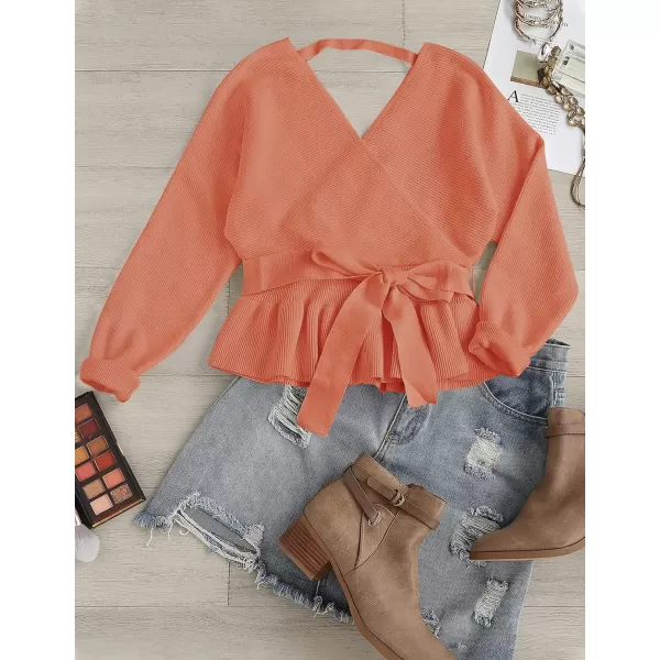 ZESICA Womens 2024 Fall Wrap V Neck Long Batwing Sleeve Belted Waist Ruffle Knitted Sweater Pullover TopPeach