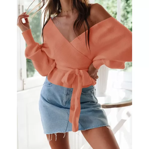 ZESICA Womens 2024 Fall Wrap V Neck Long Batwing Sleeve Belted Waist Ruffle Knitted Sweater Pullover TopPeach