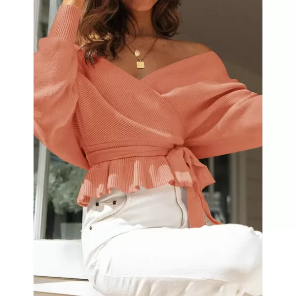 ZESICA Womens 2024 Fall Wrap V Neck Long Batwing Sleeve Belted Waist Ruffle Knitted Sweater Pullover TopPeach