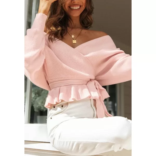 ZESICA Womens 2024 Fall Wrap V Neck Long Batwing Sleeve Belted Waist Ruffle Knitted Sweater Pullover TopPink