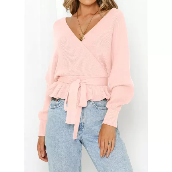 ZESICA Womens 2024 Fall Wrap V Neck Long Batwing Sleeve Belted Waist Ruffle Knitted Sweater Pullover TopPink