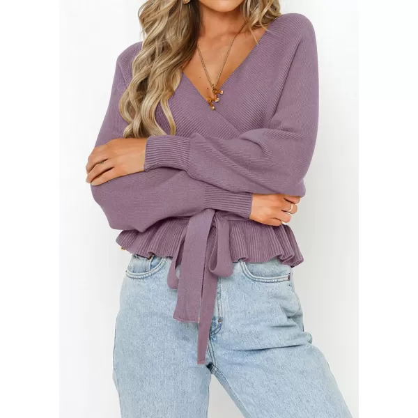 ZESICA Womens 2024 Fall Wrap V Neck Long Batwing Sleeve Belted Waist Ruffle Knitted Sweater Pullover TopPurple