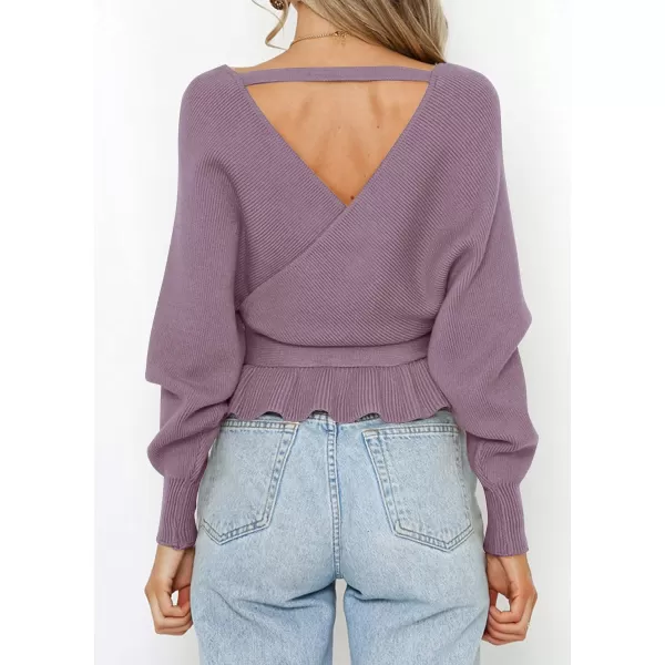 ZESICA Womens 2024 Fall Wrap V Neck Long Batwing Sleeve Belted Waist Ruffle Knitted Sweater Pullover TopPurple