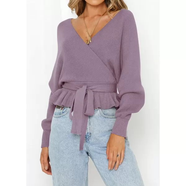 ZESICA Womens 2024 Fall Wrap V Neck Long Batwing Sleeve Belted Waist Ruffle Knitted Sweater Pullover TopPurple