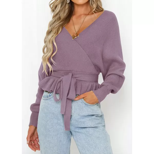 ZESICA Womens 2024 Fall Wrap V Neck Long Batwing Sleeve Belted Waist Ruffle Knitted Sweater Pullover TopPurple