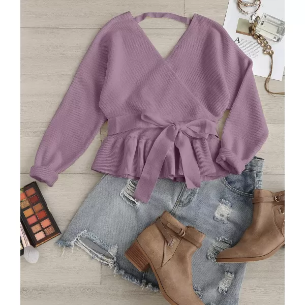 ZESICA Womens 2024 Fall Wrap V Neck Long Batwing Sleeve Belted Waist Ruffle Knitted Sweater Pullover TopPurple