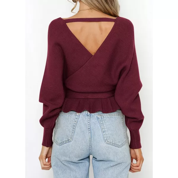 ZESICA Womens 2024 Fall Wrap V Neck Long Batwing Sleeve Belted Waist Ruffle Knitted Sweater Pullover TopWine