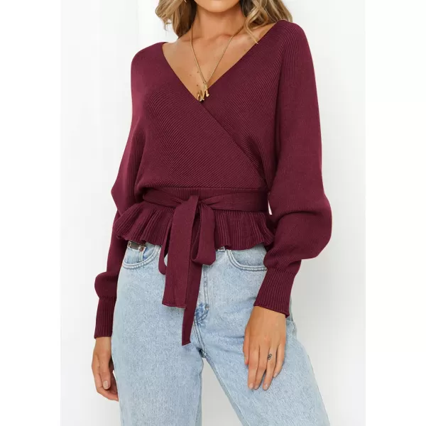 ZESICA Womens 2024 Fall Wrap V Neck Long Batwing Sleeve Belted Waist Ruffle Knitted Sweater Pullover TopWine