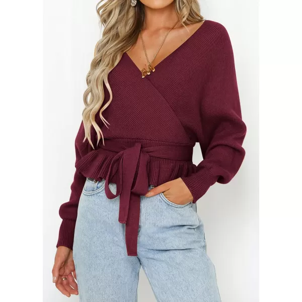 ZESICA Womens 2024 Fall Wrap V Neck Long Batwing Sleeve Belted Waist Ruffle Knitted Sweater Pullover TopWine