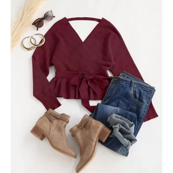 ZESICA Womens 2024 Fall Wrap V Neck Long Batwing Sleeve Belted Waist Ruffle Knitted Sweater Pullover TopWine