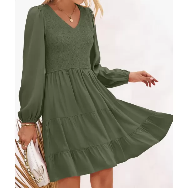 ZESICA Womens Casual V Neck Long Sleeve Smocked High Waist Ruffle A Line Tiered Mini DressArmygreen