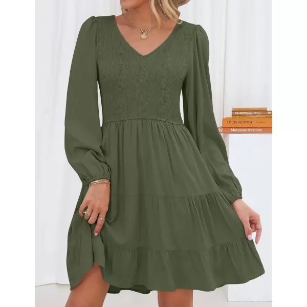 ZESICA Womens Casual V Neck Long Sleeve Smocked High Waist Ruffle A Line Tiered Mini DressArmygreen