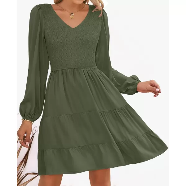 ZESICA Womens Casual V Neck Long Sleeve Smocked High Waist Ruffle A Line Tiered Mini DressArmygreen