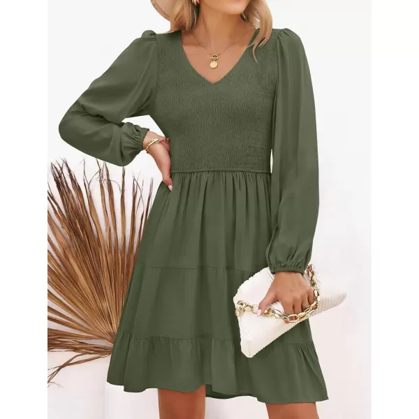 ZESICA Womens Casual V Neck Long Sleeve Smocked High Waist Ruffle A Line Tiered Mini DressArmygreen