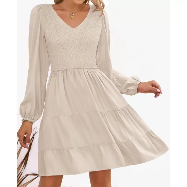 ZESICA Womens Casual V Neck Long Sleeve Smocked High Waist Ruffle A Line Tiered Mini DressBeige