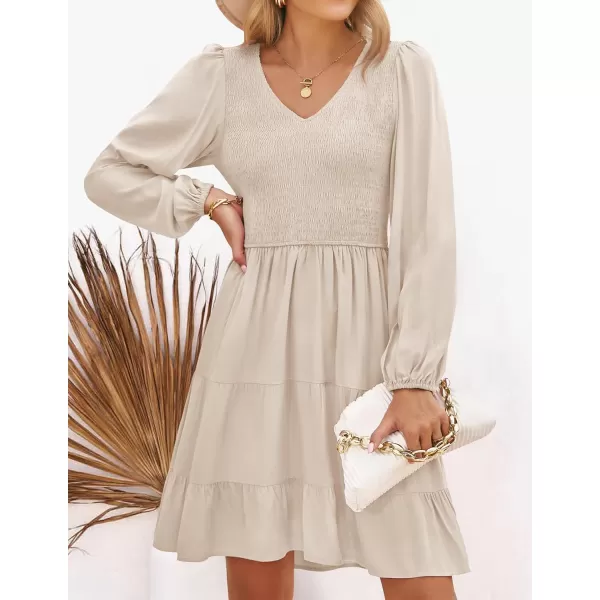 ZESICA Womens Casual V Neck Long Sleeve Smocked High Waist Ruffle A Line Tiered Mini DressBeige