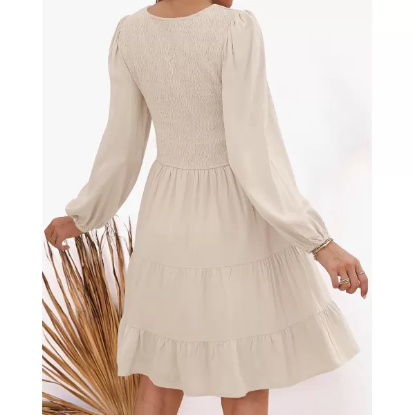 ZESICA Womens Casual V Neck Long Sleeve Smocked High Waist Ruffle A Line Tiered Mini DressBeige