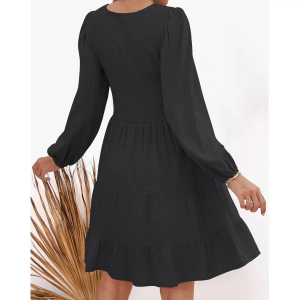 ZESICA Womens Casual V Neck Long Sleeve Smocked High Waist Ruffle A Line Tiered Mini DressBlack