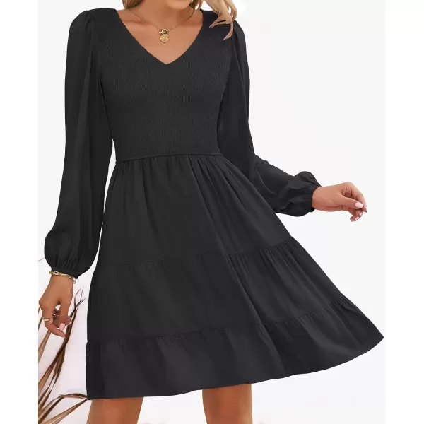 ZESICA Womens Casual V Neck Long Sleeve Smocked High Waist Ruffle A Line Tiered Mini DressBlack