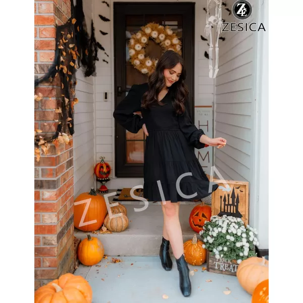 ZESICA Womens Casual V Neck Long Sleeve Smocked High Waist Ruffle A Line Tiered Mini DressBlack