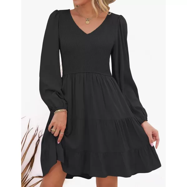 ZESICA Womens Casual V Neck Long Sleeve Smocked High Waist Ruffle A Line Tiered Mini DressBlack