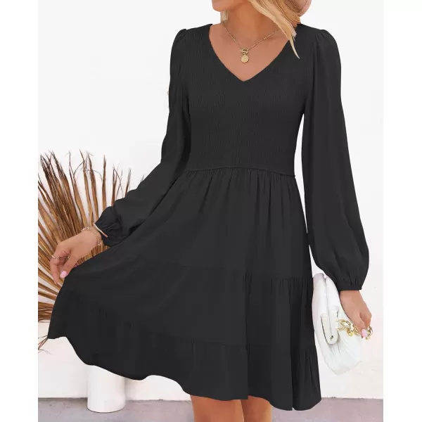 ZESICA Womens Casual V Neck Long Sleeve Smocked High Waist Ruffle A Line Tiered Mini DressBlack