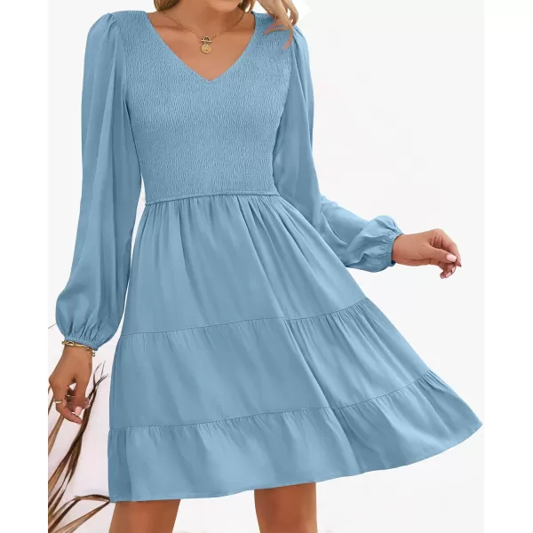 ZESICA Womens Casual V Neck Long Sleeve Smocked High Waist Ruffle A Line Tiered Mini DressBlue
