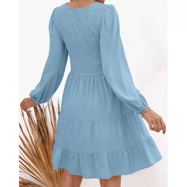 ZESICA Womens Casual V Neck Long Sleeve Smocked High Waist Ruffle A Line Tiered Mini DressBlue
