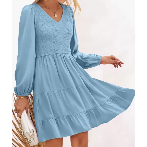 ZESICA Womens Casual V Neck Long Sleeve Smocked High Waist Ruffle A Line Tiered Mini DressBlue