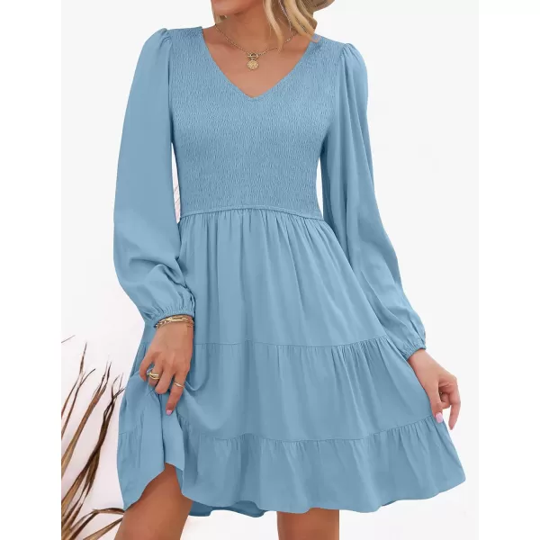 ZESICA Womens Casual V Neck Long Sleeve Smocked High Waist Ruffle A Line Tiered Mini DressBlue